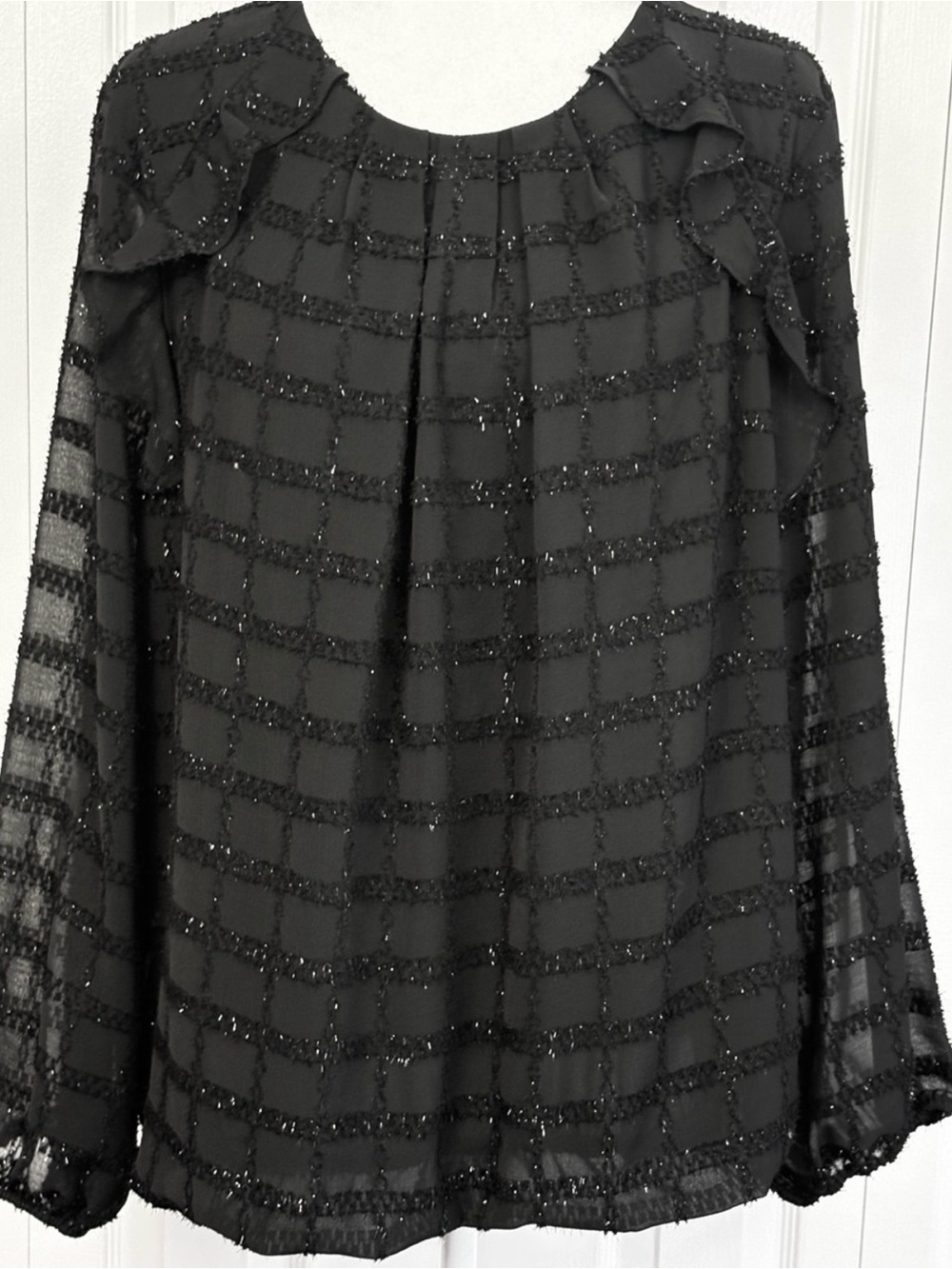 NWT Liz Claiborne Black Metallic Tinsel Check Ruffle Long Sleeve Top 1X
